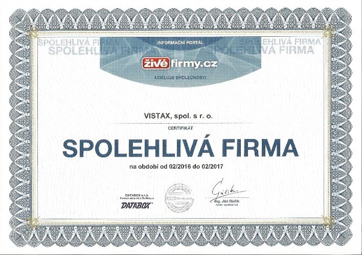 Certifikát Spolehlivá firma pro Vistax, období 02/2016 až 02/2017